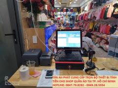Lắp đặt cho shop quần áo ở Kiên Giang full bộ thiết bị dùng trong tính tiền với máy Pos F1900 viền cam