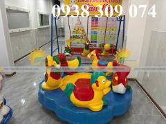 Đu quay mâm có ray cho trẻ mầm non, xích đu 3 con giống trẻ em